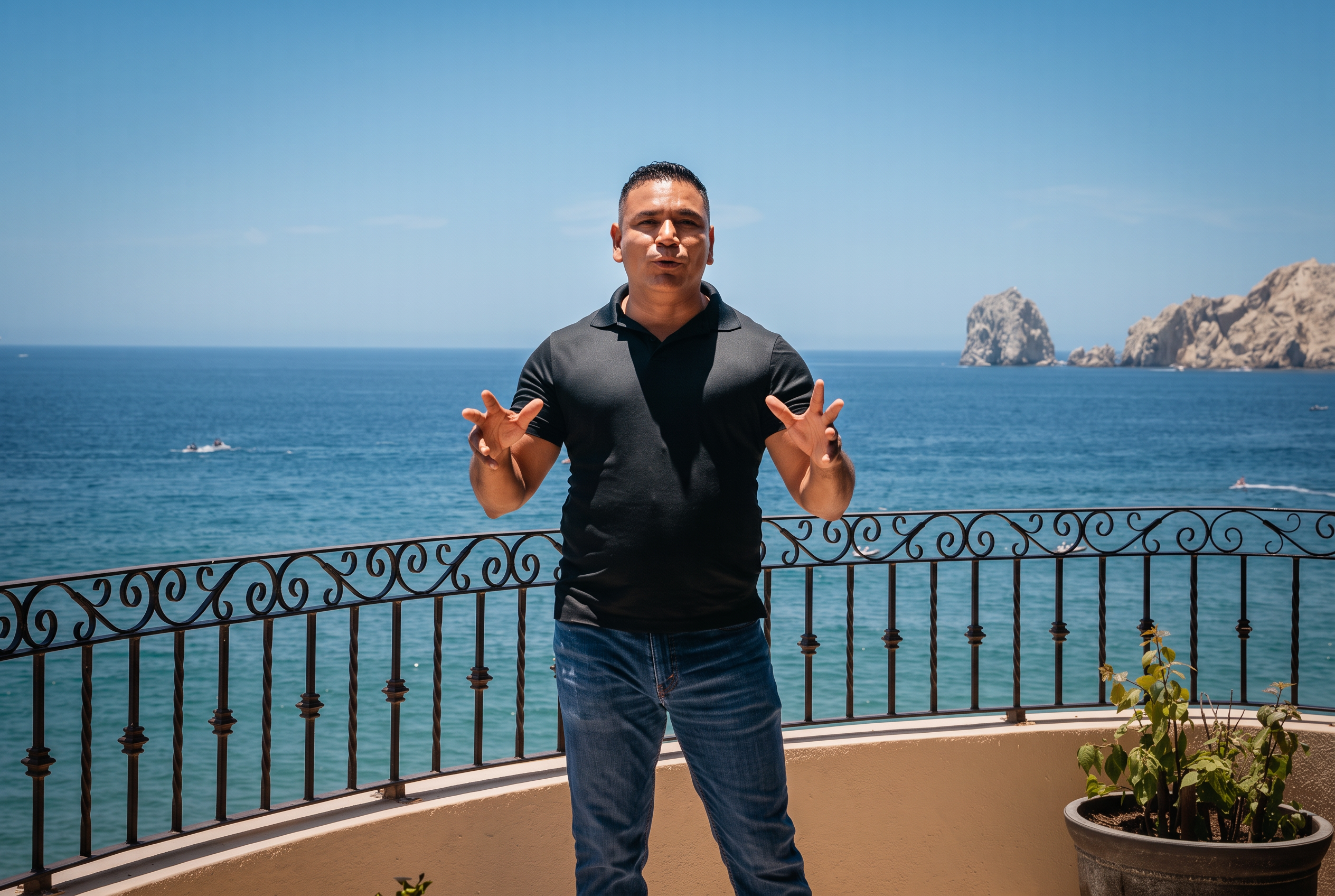 Eduardo Martinez, the on-site personal concierge for Villa 3301, on an oceanfront balcony overlooking the Cabo San Lucas Arch