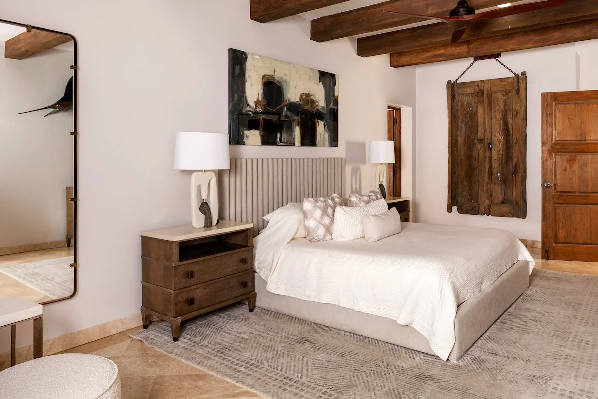 Bedroom with rustic wooden beams and elegant decor