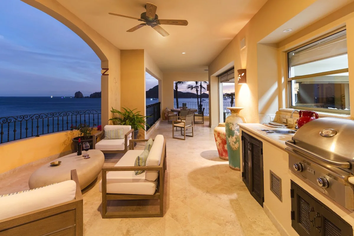 L-shaped terrace with outdoor BBQ kitchen